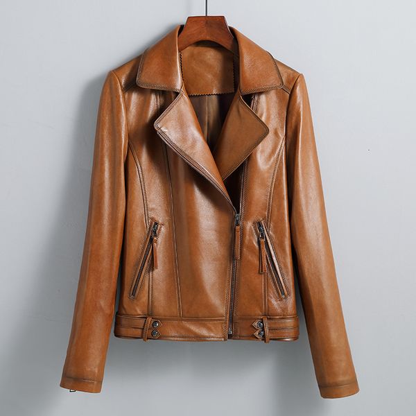 

womens leather faux jacket spring autumn sheepskin motorcycle suit coat slim short style small casual 3xl 230809, Black
