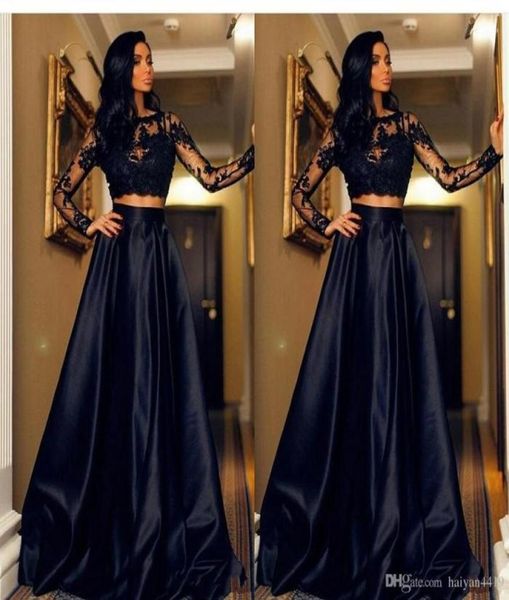 

black two pieces prom dresses jewel neck illusion long sleeves lace appliques open back long party dress evening gowns1201542