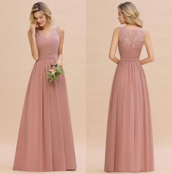

dusty pink v neck chiffon long bridesmaid dresses 2020 sleeveless lace ruched floor length wedding guest maid of honor dresses cps4688648, White;pink