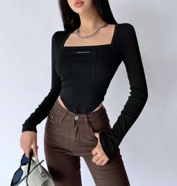 

women039s tshirt square neck label collar long sleeve female slim base short tees korean women a1jiwomen039s1854976, White