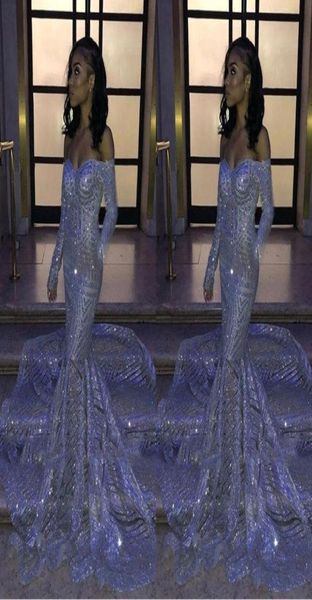 

black girl silver sequins offtheshoulder mermaid prom dresses long sleeves sweep train reflective evening gowns bc33064735241