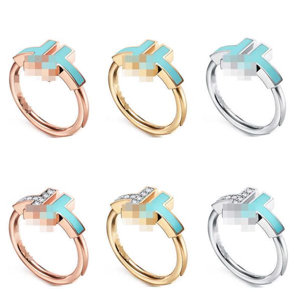 

eller classic tiffay 925 sterling silver double t blue dropped enamel diamond ring with geometric line