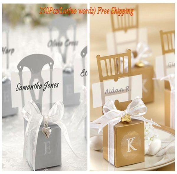 

250pcslot silver and gold wedding chair favor boxes with name cards and ribbons for event and party candy gift box favors3782326