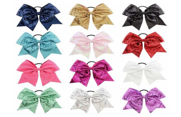 

12pcslot 8 inch embroideried sequin bows with elastic hair band cheerleading boutique ribbon hair bow ponytail hair holder 8889139301, Slivery;white