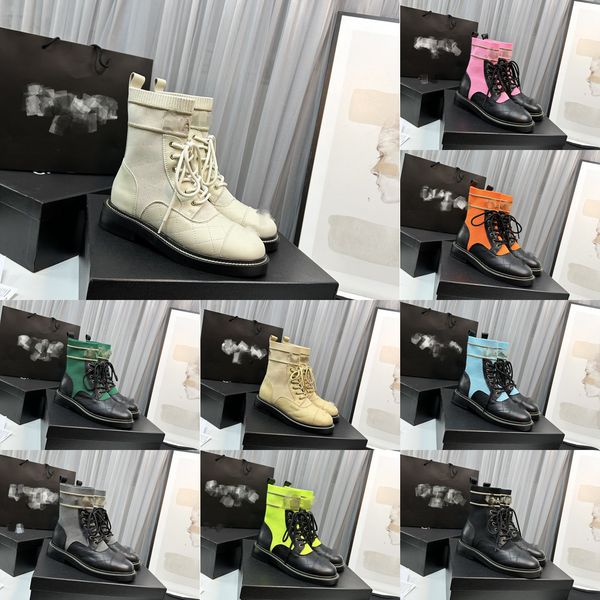 

women designer ankle sock boots plaid quilted cowhide stretch fabric knitted jacquard c double woman desert classic winter ladies lace up mo, Black