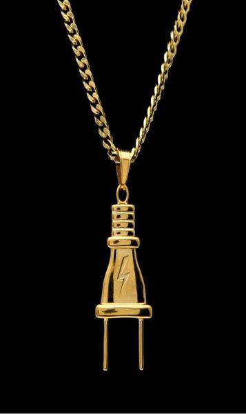 

14k gold plated mens hip hop lighting plug pendant necklace with 70cm long cuban link chain jewelry7789412, Silver