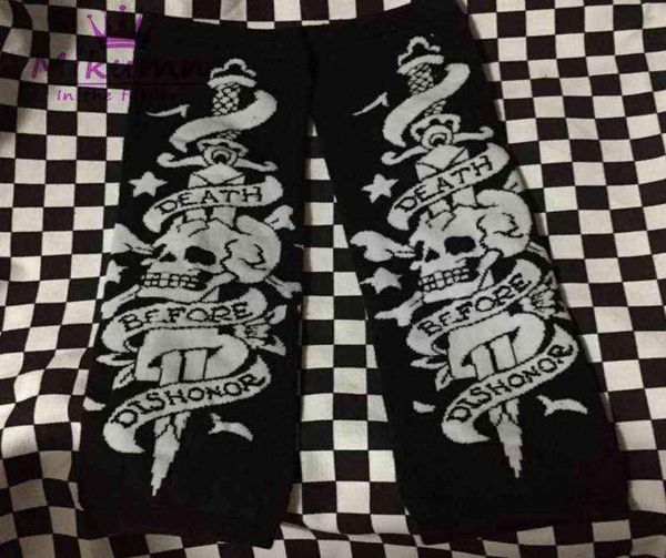 

punk skull half finger balck gloves women gothic fingerless knitted long gloves hip hop streetwear5390277, Black