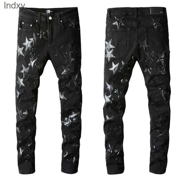 

skinny jeans men black ripped man jeans designer mens rip denim star patches straight leg zipper fly hole fashion long hip hop pants 20ss ro, Blue