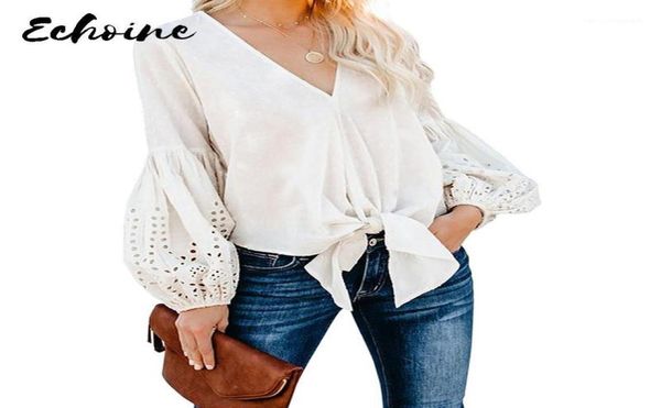 

echoine solid redwhiteyellow rhapsody cotton balloon long sleeve tie women autumn spring v neck plus size sxxl blouse17212219, White