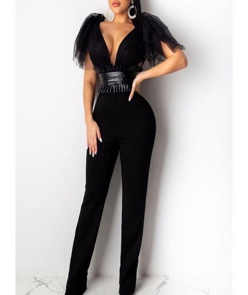 

tied bow shoulder mesh pu leather patchwork jumpsuit women black white long wide pants jumpsuit womens rompers club overall1279704
