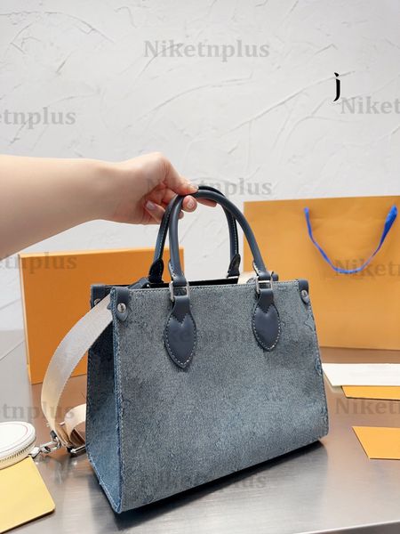 

onthego shopping handle bag women designer bag vintage washed denim monograms leather tote bag luxury crossbody ladies shoulder bag