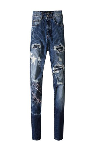

mens jeans star design paste cloth frosted hole dark blue trend3803514