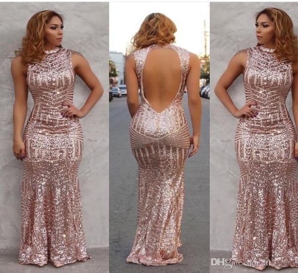 

rose gold mermaid prom dress vestidos de fiest high neck sequined open back sleeveless floor length evening party gowns7426781, Black