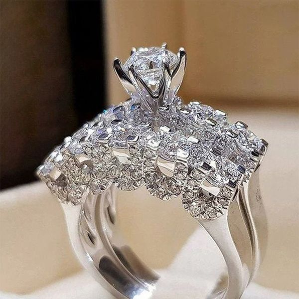 

new trendy wedding set rings for women 2pcs cubic zirconia rings engagement party luxury jewelry, Silver
