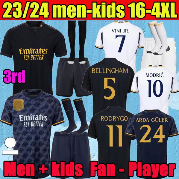 

3xl 4xl mbappe home soccer jerseys 23 24 fans player football shirt vini jr tchouameni modric valverde 2023 2024 men kids real madrids kroos, Black;yellow