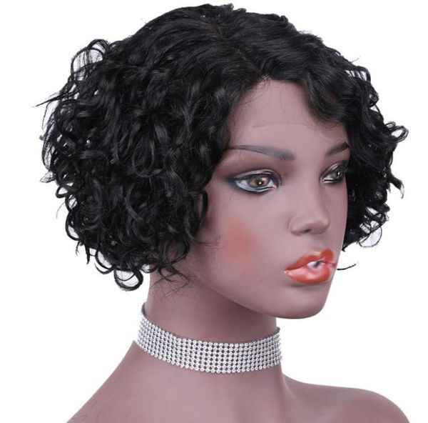 

human hair lace front bob wig for black women t part pixie cut short curly peruvian virgin glueless frontal closure wigs pre pluck5064624, Black;brown