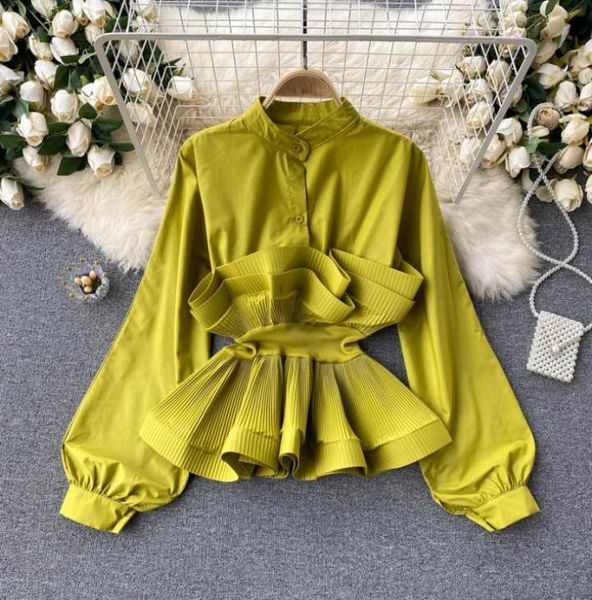 

women039s blouses shirts yellowblackwhite draped ruffle blouse vintage stand collar puff long sleeve single breasted slim blu1459699, White