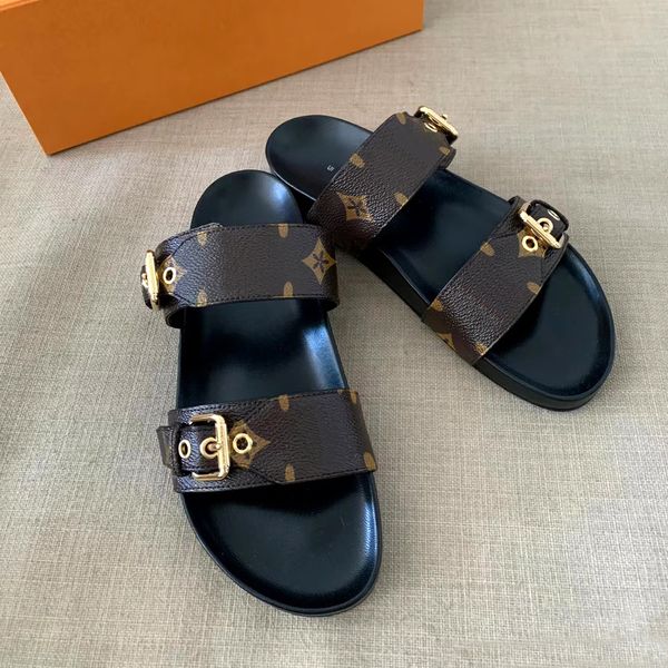 

10a Top Quality Designer Sandal Mules Genuine Leather Casual Shoe Bom Dia Sandale Adjustable Buckle Womans Gladiator Slipper Flat Slide Sliders Summer Beach, Pink