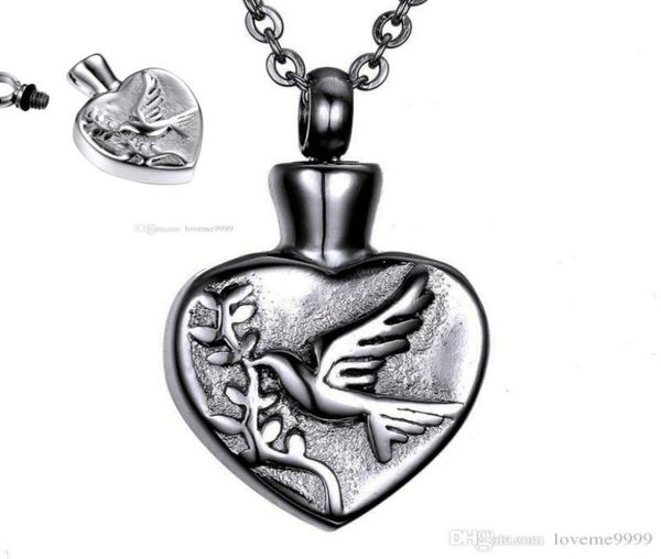 

openable stainless steel memorial cremation peace dove heart ashes urn pendant necklace keepsake men women jewelry ur8320002, Silver
