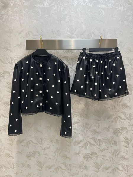 

fashion design 2pcs set women leather short lace o-neck long sleeve polka dot pattern cool jacket and elastic high waist lace patchwork retr, White
