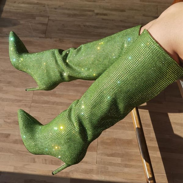 

boots runway stilettos women long boots shiny knee-length boots fashion pointed candy colors ladies shoes zapatos de mujer 230809, Black