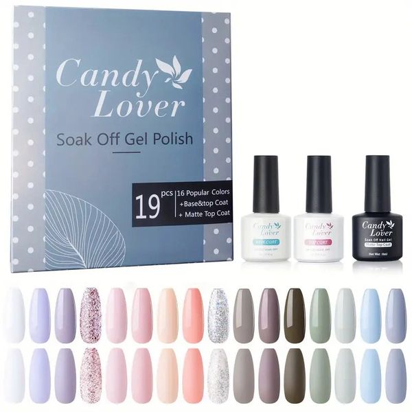 

gel nail polish kit - candy lover 16 pastel spring summer colors base coat matte coat starter set, uv led cured gel polish, for home manicur