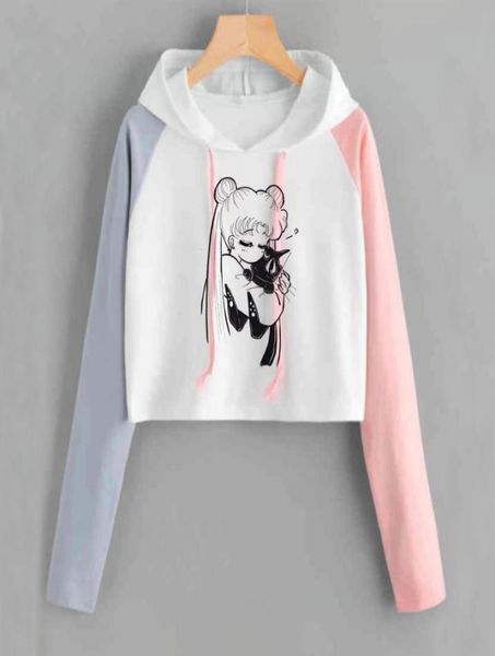

crop hoodies sweatshirts women kawaii clothes long sleeve harajuku sailor moon cat copped hoodie for ladies gils y2007067867124, Black