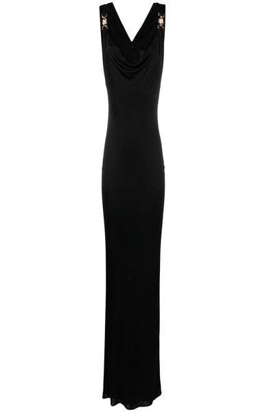 

new women runway dresses v neck sleeveless black dress women gold button slim long bodycon milan party evening d7884443