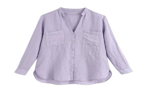 

women loose pockets design linen blouses fashion long sleeve asymmetry female shirts blusas casual violet chic women039s 7087027, White