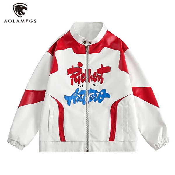 

mens jackets hip hop hit color patch letter print leather fashion oversized stand collar zipper pu jacket coat men and women 230810, Black;brown