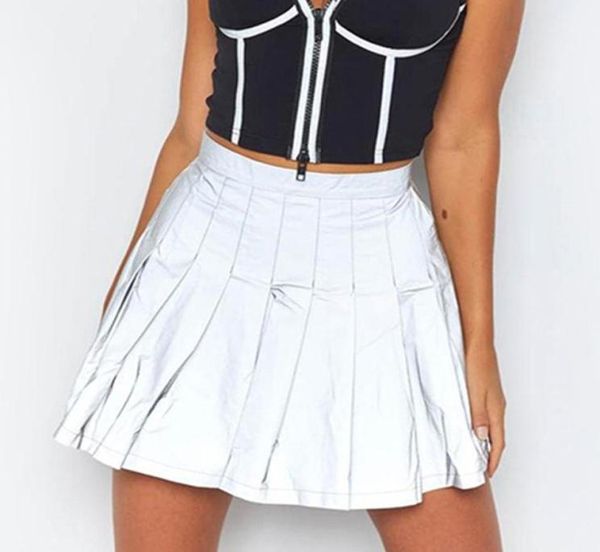 

fashion new reflective skirt women pleated mini skirts high waist back zipper night glowing shinny skater skirts sliver green5565794, Black