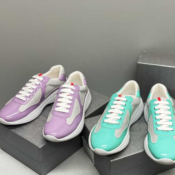 

designer sneaker mens americas cup sneakers leather trainer patent flat black blue mesh lace-up nylon casual outdoor runner shoes with box n