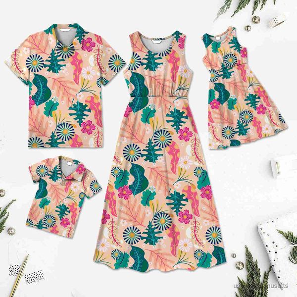

family matching outfits family matching outfits allover plant print short-sleeve spliced dresses and short sleeve shirts sets family look r2, Blue