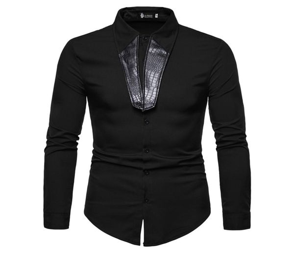 

crossborder ecommerce 2019 whole mens fashion personality tailoring pu leather stitching collar long sleeve shirt youth shirt6415455, White;black