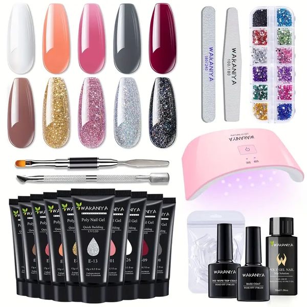 

nail extension kit poly nail gel set with uv lamp, quick nail extension gel, complete poly gel nails set with rhinestone, base coat, nail ti