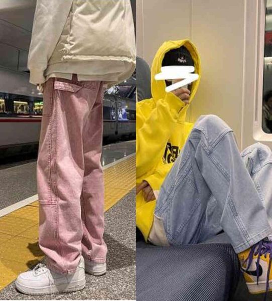 

men jeans 2022 men039s work baggy homme casual pants classic style jeans pink blue black loose straight biker denim trousers  8910699