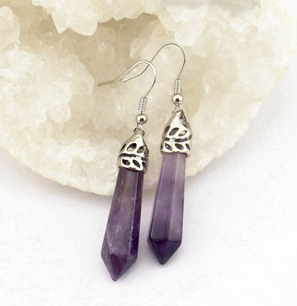 

natural stone hexagonal column dangle reiki earrings metal hollow hook type stylish gemstone women earring amethyst rose quartz re5501383, Silver