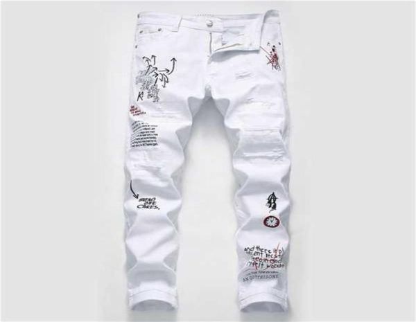 

new men streetwear personality ripped printed white skinny jeans hip hop punk casual motorcycle stretch denim jeans trousers x06216073549, Blue