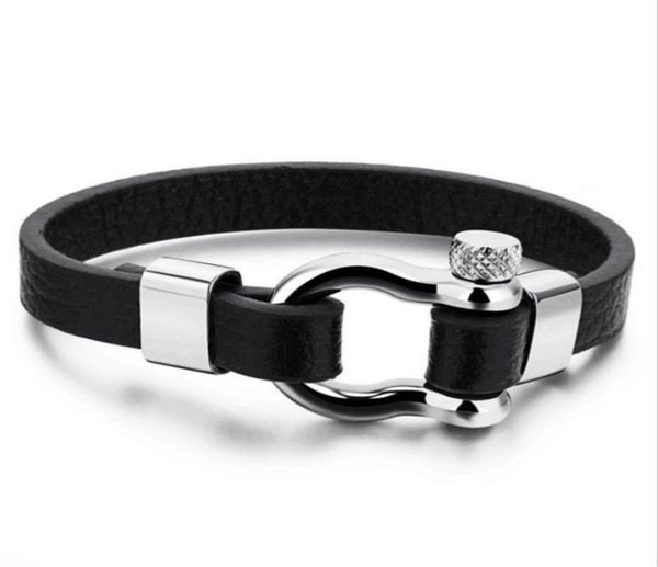 

stainless steel shackle buckle leather survival bracelet men nautical sailor surfer wristband jewelry80376953409163, Golden;silver