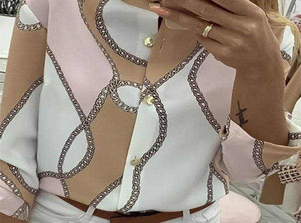 

autumn women elegant leisure female vneck basic shirt adjustable sleeve chains print button design casual blouse y2004028135389, White