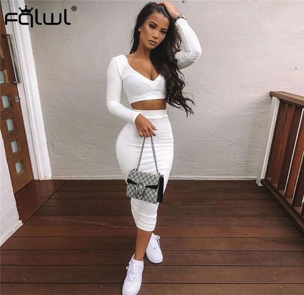 

fqlwl casual two piece set summer knitted dress women long sleeve white bodycon long dress wrap club party maxi dresses 200926711392, Black;gray