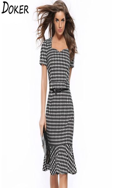 

women elegant slimming dress summer houndstooth work office dress ladies evening party mermaid tunic bodycon dress vestidos7807891, Black;gray