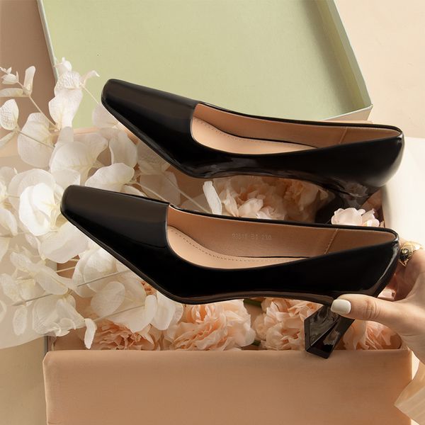 

dress shoes nude colored high heels for women 2023 small square toe retro single shoe soft leather professional work shoes 4450 230809, Black
