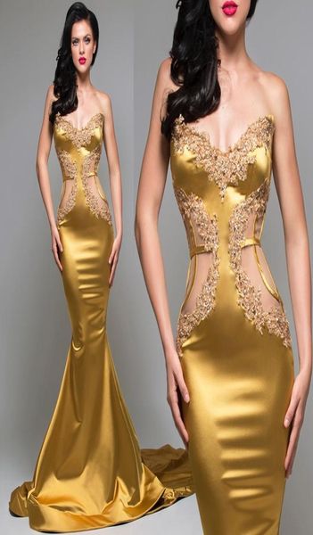 

elegant gold mermaid formal dresses evening wear beaded strapless neck evening gowns appliques sweep train satin prom dress7283098, Black;red