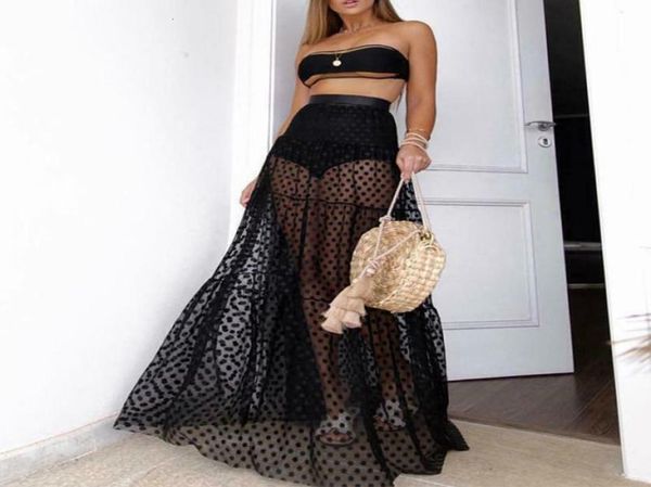 

womens seethrough mesh midi skirts sheer maxi skirts dot print high waist women tulle lace skirt7182279, Black