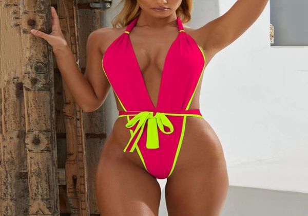 

2019 wrap around one piece swimsuit women deep v neck swimwear female high leg cut thong monokini halter bathing suit swim1858112