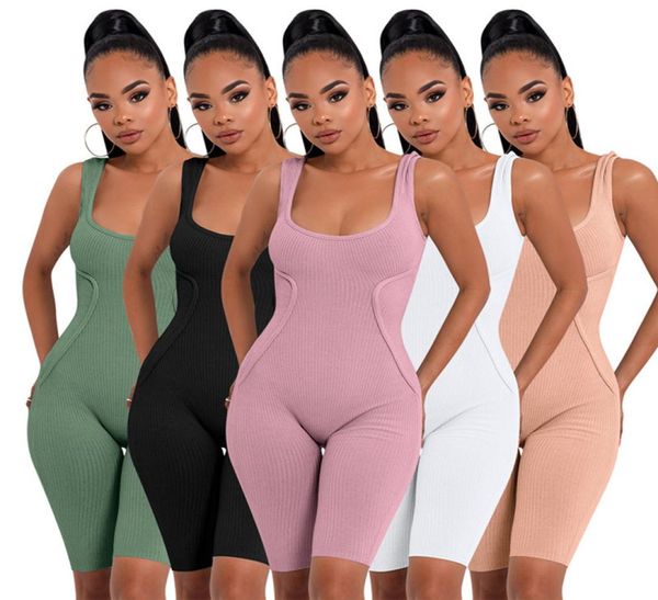 

summer women rib jumpsuits yoga bodycon bodysuits shorts solid rompers sleeveless skinny playsuits casual sequre neck overall7830835, Black;white