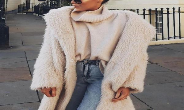 

new womens winter sweater thick warm designer for women trendyol xlong wool sweaters faux fluffy fur teddy hooded fleece casual j9298993, Black