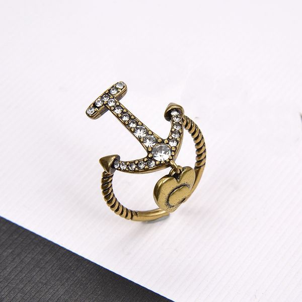 

retro ship's anchor with diamonds open ring simple personality fashion personality woman men couple rings fashion jewelry gifts with bo, Golden;silver