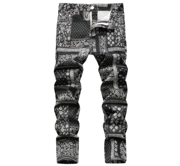 

men039s jeans men paisley bandanna printed fashion 3d digital painted stretch denim pants slim straight black trousers1152116, Blue